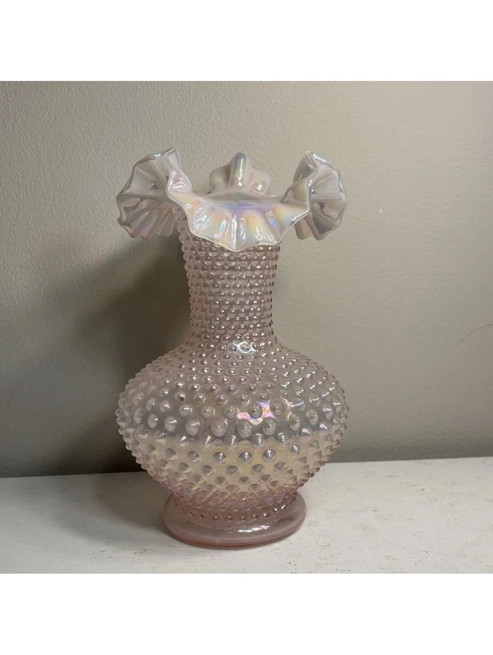 Fenton Iridescent Opalescent Champagne Pink Hobnail Double Crimped Vase 10 1/2